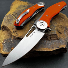 Load image into Gallery viewer, MONDO: Orange G10 Handles, Heavy Duty Design, D2 Drop Point Blade, Fast Open Ball Bearing Flipper System