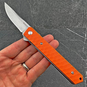 RONIN:  8Cr13MoV Straight Back Blade, Orange G10 Handles,  Ball Bearing Flipper System