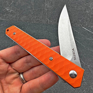 RONIN:  8Cr13MoV Straight Back Blade, Orange G10 Handles,  Ball Bearing Flipper System