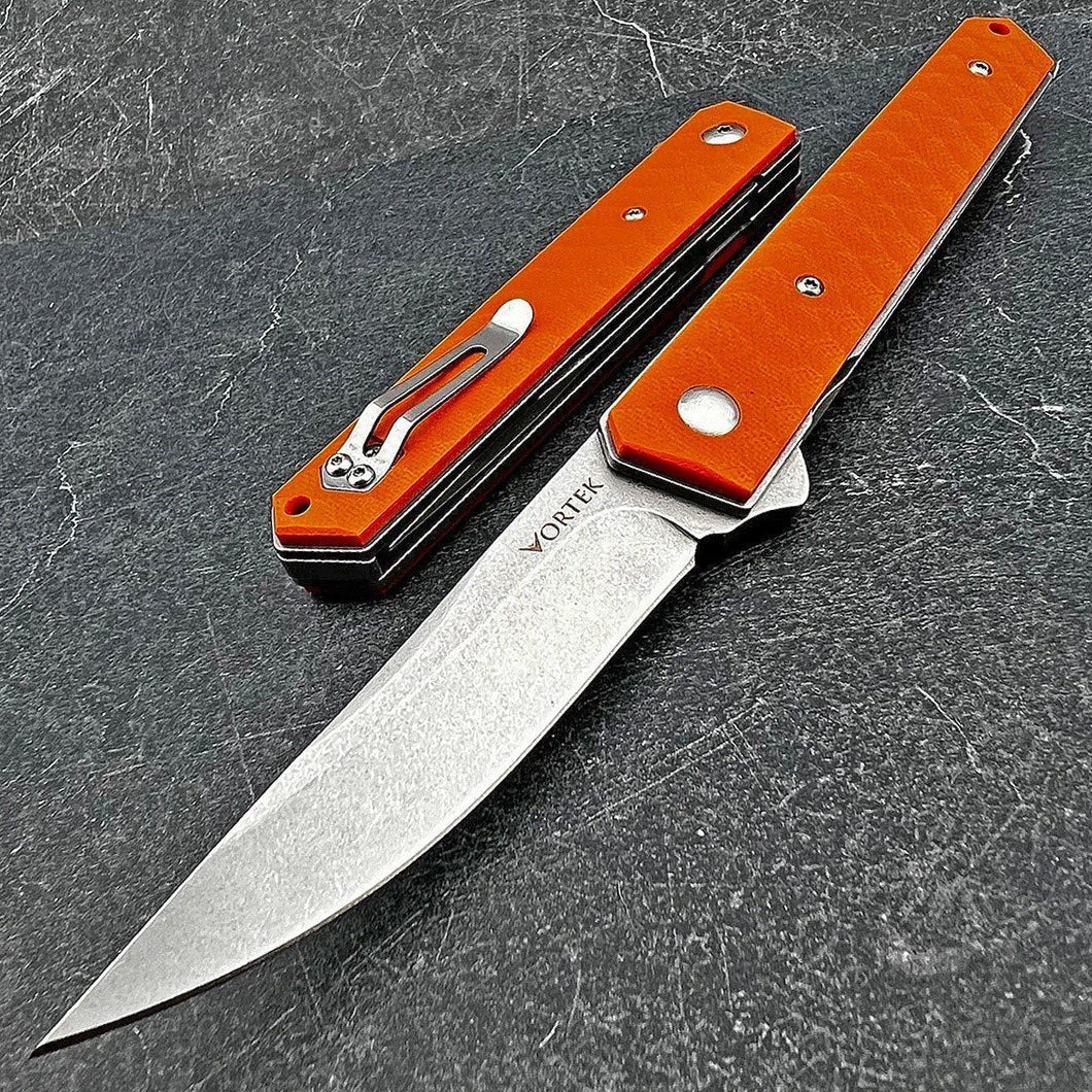 RONIN:  8Cr13MoV Straight Back Blade, Orange G10 Handles,  Ball Bearing Flipper System