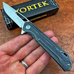 SILKY:  Stonewashed Stainless Steel Handles,  D2 Drop Point Blade,  Ball Bearing Flipper System,  Slim Designed EDC Folding Pocket Knife