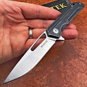 SILKY:  Stonewashed Stainless Steel Handles,  D2 Drop Point Blade,  Ball Bearing Flipper System,  Slim Designed EDC Folding Pocket Knife