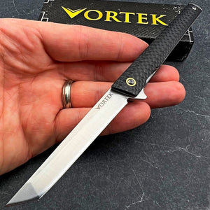 FENNEC: Black Carbon Fiber Handles, D2 Tanto Blade, Sim Executive Design, Ball Bearing Flipper System