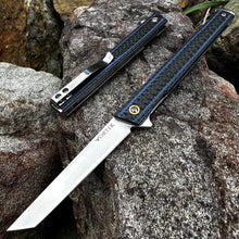 Load image into Gallery viewer, FENNEC: Blue Carbon Fiber Handles, D2 Tanto Blade, Slim Executive Design,  Ball Bearing Flipper System