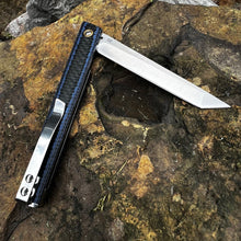 Load image into Gallery viewer, FENNEC: Blue Carbon Fiber Handles, D2 Tanto Blade, Slim Executive Design,  Ball Bearing Flipper System