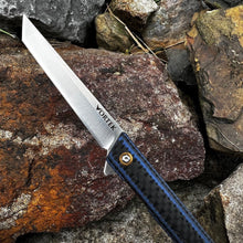 Load image into Gallery viewer, FENNEC: Blue Carbon Fiber Handles, D2 Tanto Blade, Slim Executive Design,  Ball Bearing Flipper System