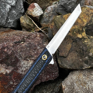 FENNEC: Blue Carbon Fiber Handles, D2 Tanto Blade, Slim Executive Design,  Ball Bearing Flipper System