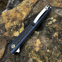 Load image into Gallery viewer, FENNEC: Blue Carbon Fiber Handles, D2 Tanto Blade, Slim Executive Design,  Ball Bearing Flipper System