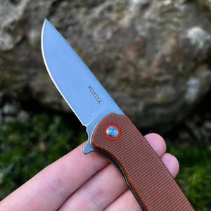 GYPSY: Brown Micarta Handles, 8Cr13MoV Drop Point Blade, Ball Bearing Pivot System