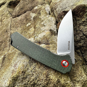 GYPSY: Green Micarta Handles, 8Cr13MoV Drop Point Blade, Ball Bearing Pivot System