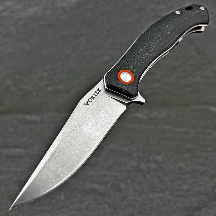 DRIFTER: Black Micarta Handles, 8Cr13MoV Drop Point Blade, Ball Bearing Flipper System