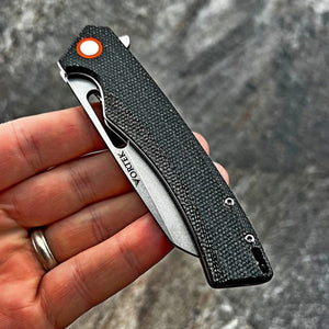 WAYFARER: Black Micarta Handles, 8Cr13MoV Warncliffe Blade, Ball Bearing Pivot System