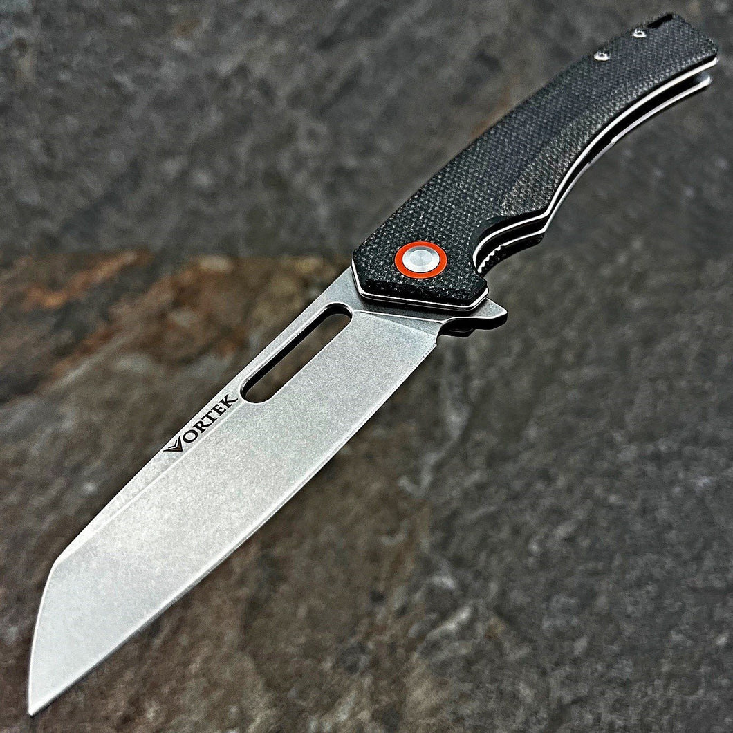 WAYFARER: Black Micarta Handles, 8Cr13MoV Warncliffe Blade, Ball Bearing Pivot System