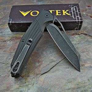 HAWKEYE: Black G10 Handles, 8Cr13MoV Black Stonewashed Sheepsfoot Blade, Ball Bearing Pivot System