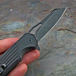 HAWKEYE: Black G10 Handles, 8Cr13MoV Black Stonewashed Sheepsfoot Blade, Ball Bearing Pivot System