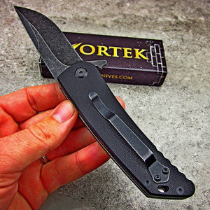 OUTLANDER: Black G10 Handles, Large Black Stonewashed 8Cr13MoV Blade, Ball Bearing Flipper System, EDC Folding Pocket Knife