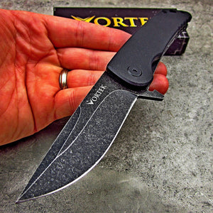 OUTLANDER: Black G10 Handles, Large Black Stonewashed 8Cr13MoV Blade, Ball Bearing Flipper System, EDC Folding Pocket Knife