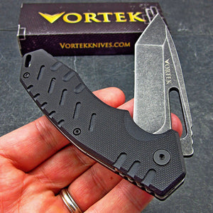 FATHEAD: Black G10 Handles, Stonewashed 8Cr13MoV Tanto Flipper Blade, Ball Bearing Pivot System Folding Pocket Knife