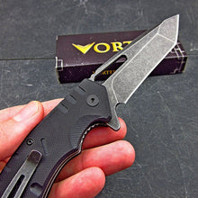 Load image into Gallery viewer, FATHEAD: Black G10 Handles, Stonewashed 8Cr13MoV Tanto Flipper Blade, Ball Bearing Pivot System Folding Pocket Knife