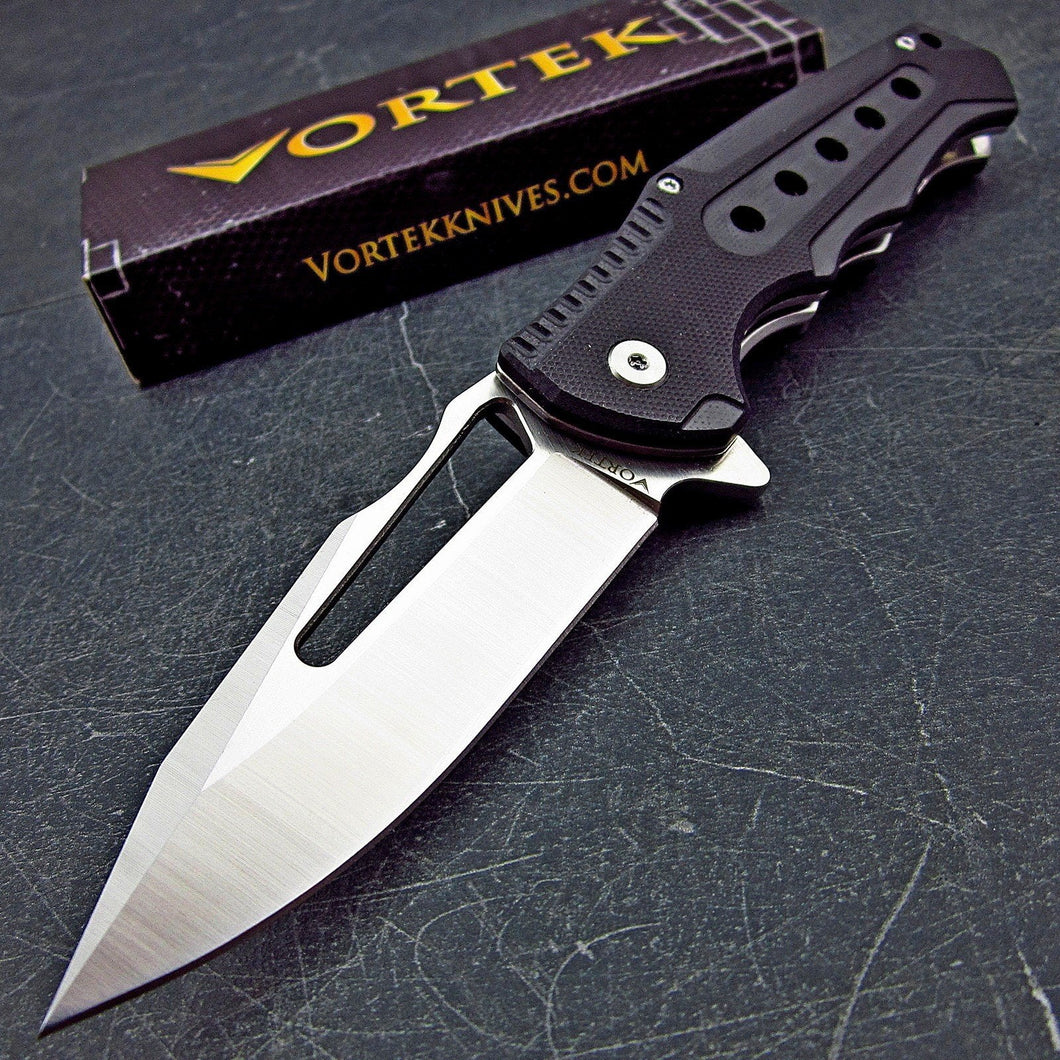 BIGEYE: 8Cr13MoV Drop Point Blade, Black G10 Handles, Ball Bearing Flipper System, EDC Folding Pocket Knife