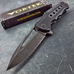 BIGEYE: Stonewashed 8Cr13MoV Drop Point Blade, Black G10 Handles, Ball Bearing Flipper System, EDC Folding Pocket Knife