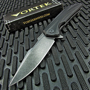 DROPSHOT: Black Stonewashed 8Cr13MoV Blade, Black G10 Handles