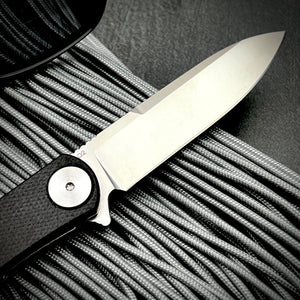 OSKAR:  Black Micarta Handles,  D2 Tool Steel Blade,  Ball Bearing Flipper Blade,  EDC Folding Pocket Knife