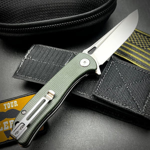 SLINGER:  Green Micarta Handles,  Ball Bearing Pivot System,  D2 Blade,  EDC Folding Pocket Knife