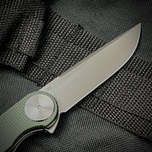 Load image into Gallery viewer, FINCH:  Green Micarta Handles,  Ball Bearing Pivot System,  D2 Blade, Folding Pocket Knife