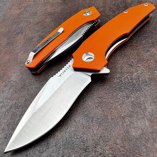 MUSKRAT:  Orange G10 Handles, 9Cr18MoV Drop Point Blade,  Ball Bearing Flipper System