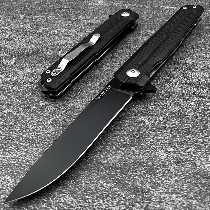 NOVA: Tactical Black G10 Handle, D2 Slim Design Black Blade