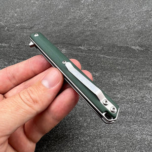 HANCOCK:  Green G10 handles, Slim lightweight Design, D2 Tanto Blade