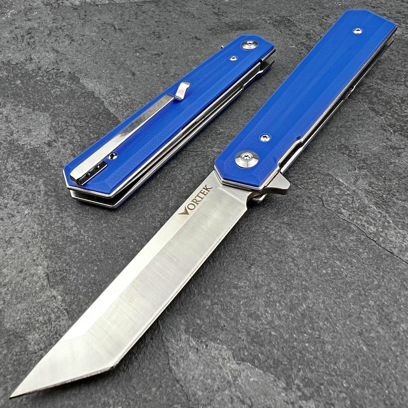APACHE: Blue G10 Handles, 8Cr13MoV Tanto Blade
