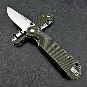 OTIS: Green Micarta Handles, Thumb Stud Opening, D2 Tool Steel Blade