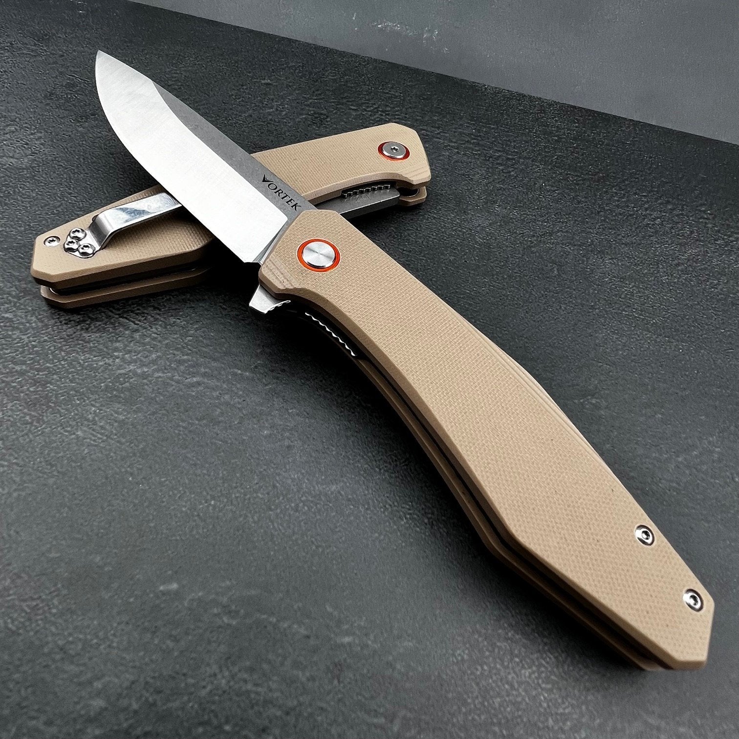 VORTEK HOLGER: Tan G10 Handles Ball Bearing D2 Blade EDC Folding Pocke