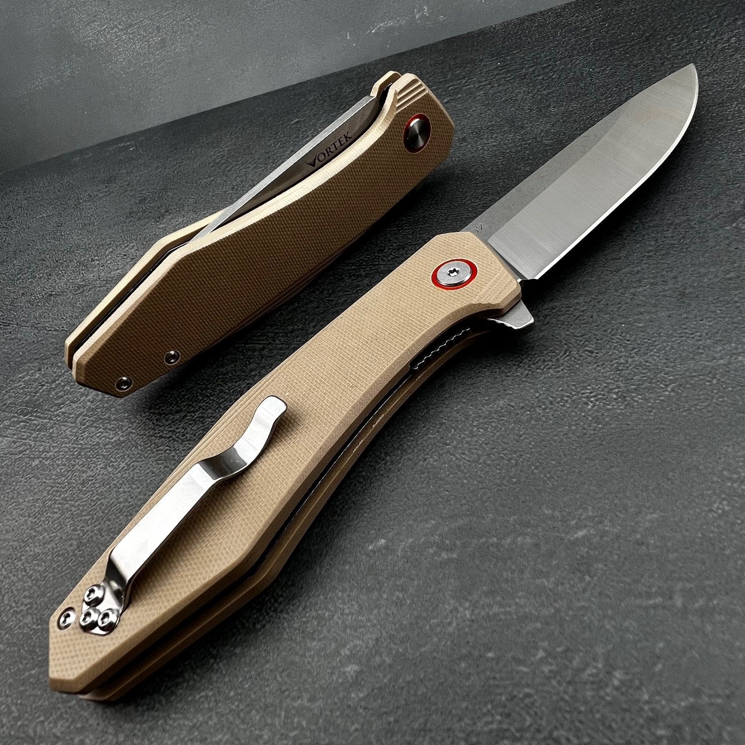 VORTEK HOLGER: Tan G10 Handles Ball Bearing D2 Blade EDC Folding Pocke