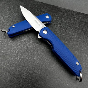 PIKA: Blue Handles, D2 Blade, Small Light Keychain Folding Pocket Knife,  Ball Bearing Flipper System