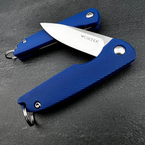 PIKA: Blue Handles, D2 Blade, Small Light Keychain Folding Pocket Knife