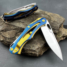 Load image into Gallery viewer, KRONOS: Blue and Gold Stainless Steel Handles, Frame Lock, D2 Steel Blade