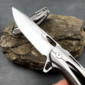 KRONOS:  Silver Stainless Steel Handles, D2 Blade, Frame Lock, Heavy Duty Design