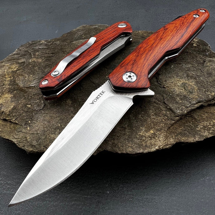 GROVE: Red Wood Handles, D2 Blade, Caged Ball Bearing Pivot System