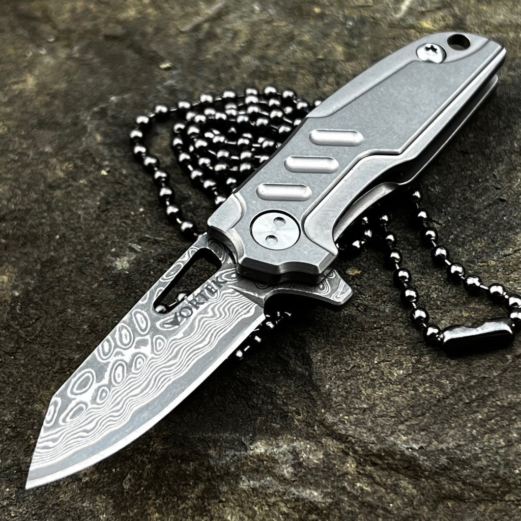 TINY-Ti:  Titanium Handles, Damascus Blade, Great Keychain or Necklace Knife