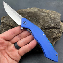 Load image into Gallery viewer, SCIMITAR: Blue G10 Handles, D2 Trailing Point Blade, Ball Bearing Flipper System
