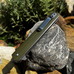 SKYLINE:  Green G10 Handles, D2 High Carbon Steel Blade, Ball Bearing Flipper System, EDC Folding Pocket Knife