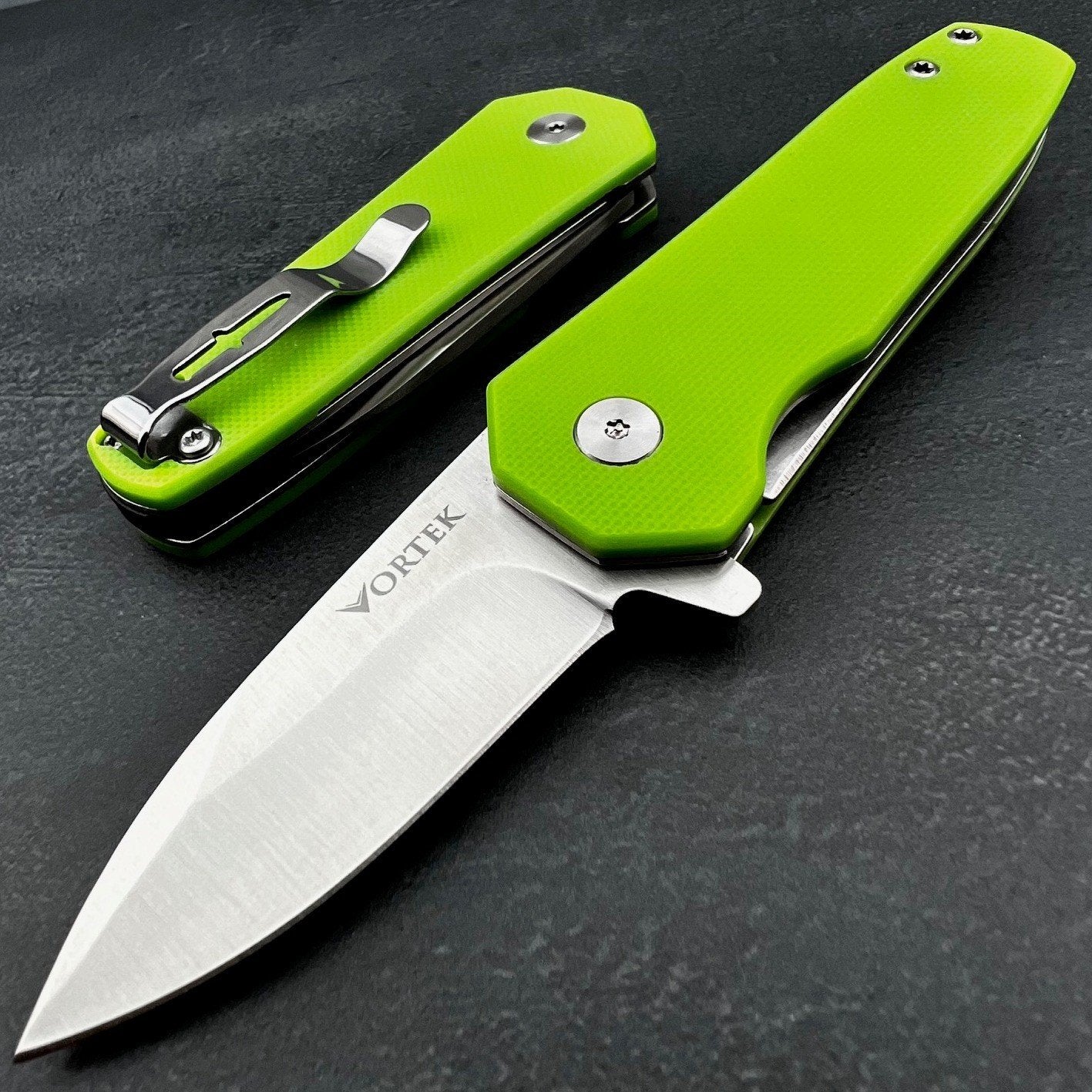 BANTAM:  Small Green G10 Handles, 440C Spear Point Blade