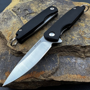 PIKA: Small Keychain Knife, D2 Flipper Blade, Black Handles