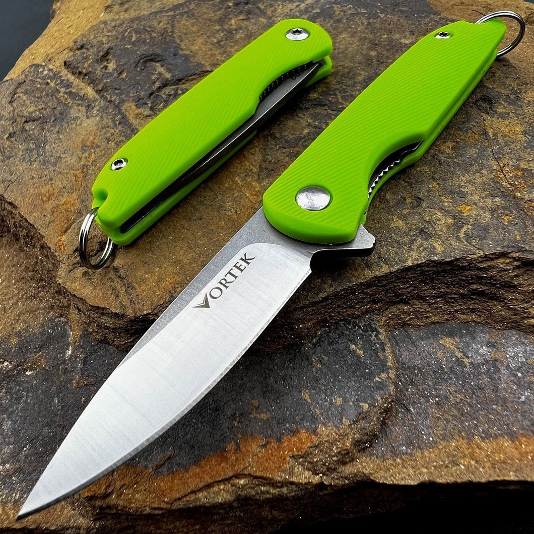 PIKA: Lime Green Handles, D2 Ball Bearing Flipper Blade, Small Keychain Knife