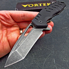 Load image into Gallery viewer, FATHEAD: Black G10 Handles, Stonewashed 8Cr13MoV Tanto Flipper Blade, Ball Bearing Pivot System Folding Pocket Knife