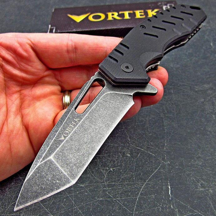 FATHEAD: Black G10 Handles, Stonewashed 8Cr13MoV Tanto Flipper Blade, Ball Bearing Pivot System Folding Pocket Knife